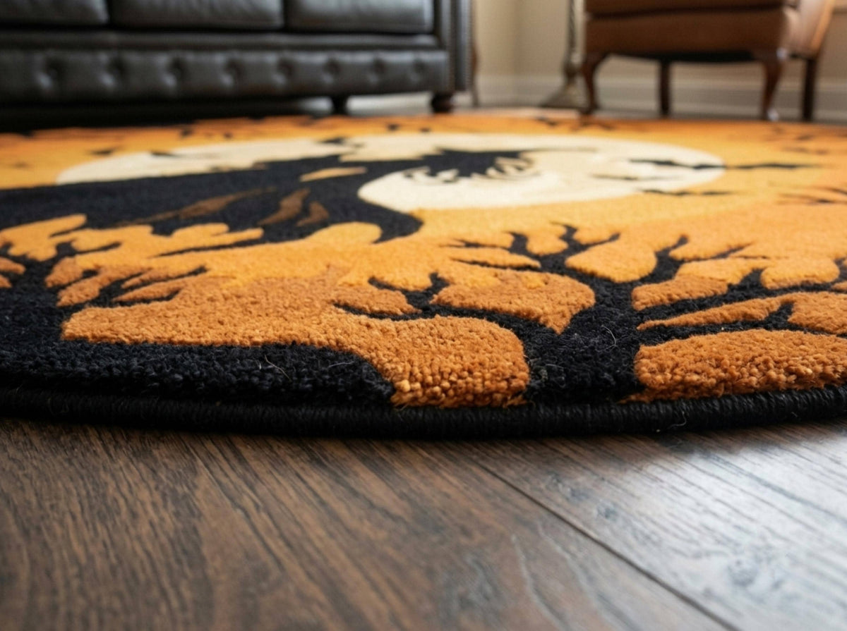 Halloween Witch Rug, Hand Tufted New Zealand Wool Rug, Gothic Orange Moon Bat Carpet, Spooky Fall Decor, Halloween Living Room Rug