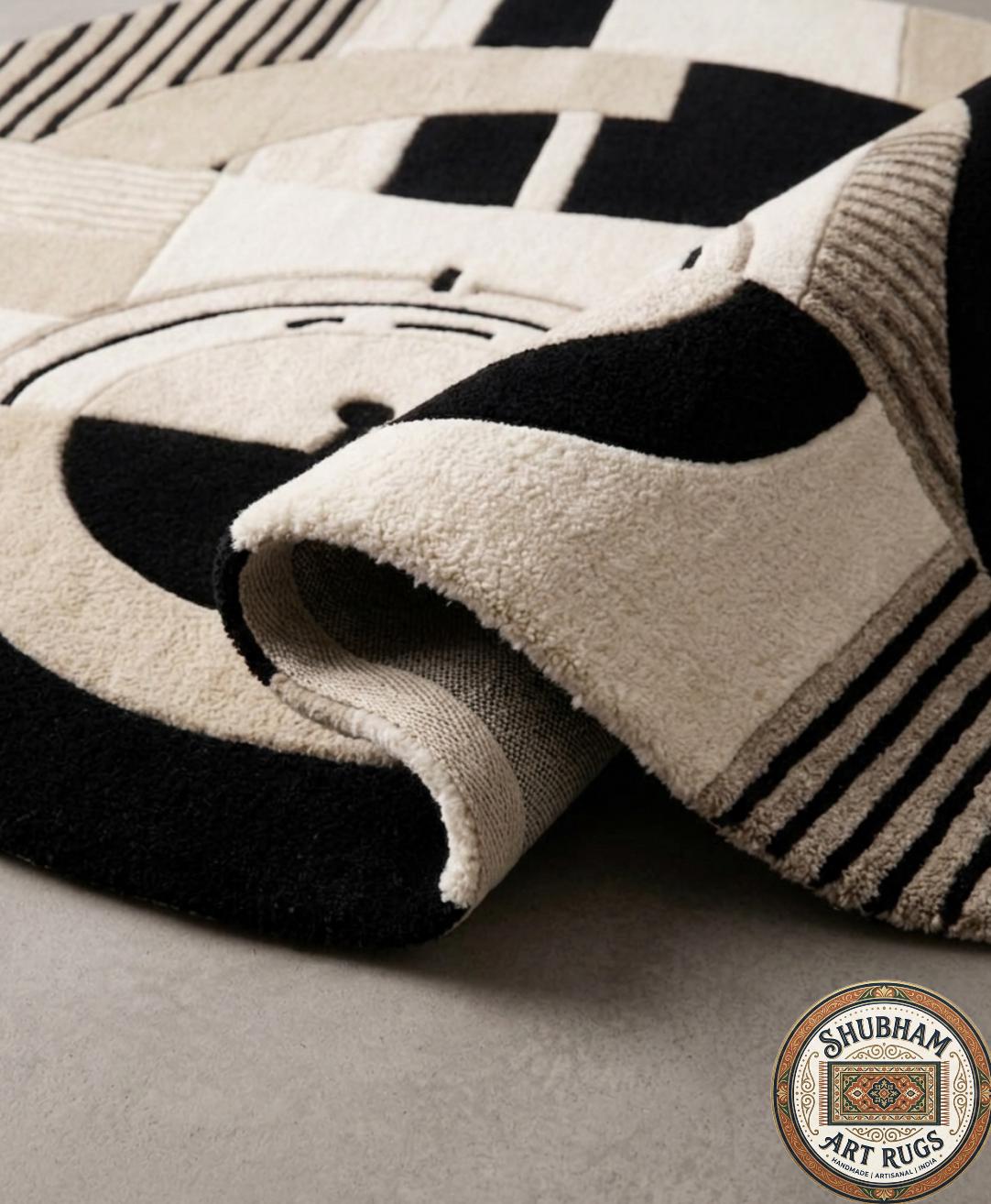 Hand Tufted Wool Abstract Round Rug, Black Beige Geometric Modern Carpet