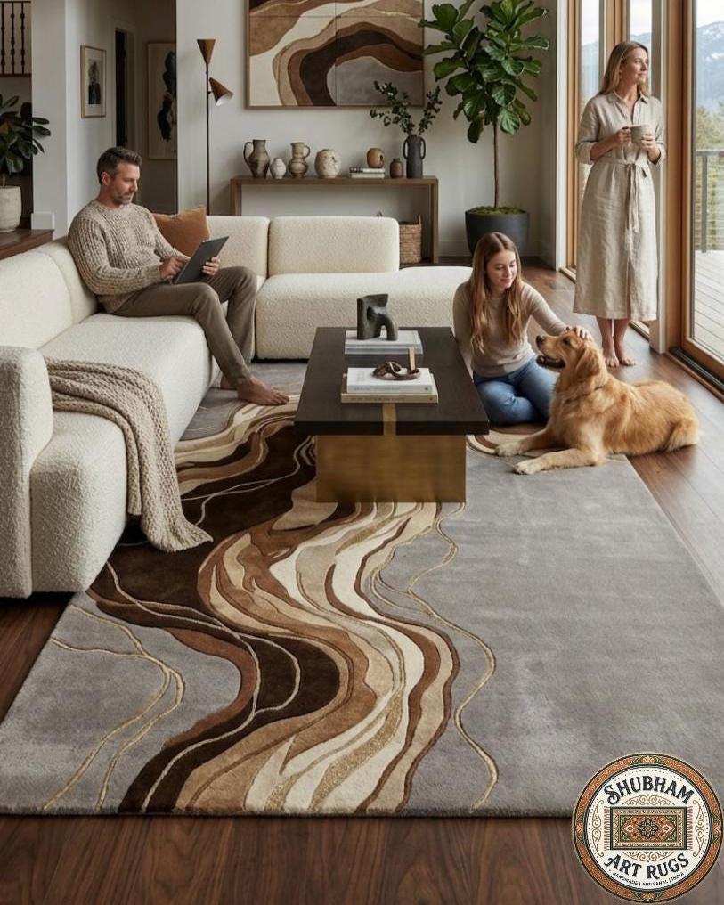 Hand Tufted Wool Abstract Rug: Modern Wavy Design, Neutral Brown Grey Carpet