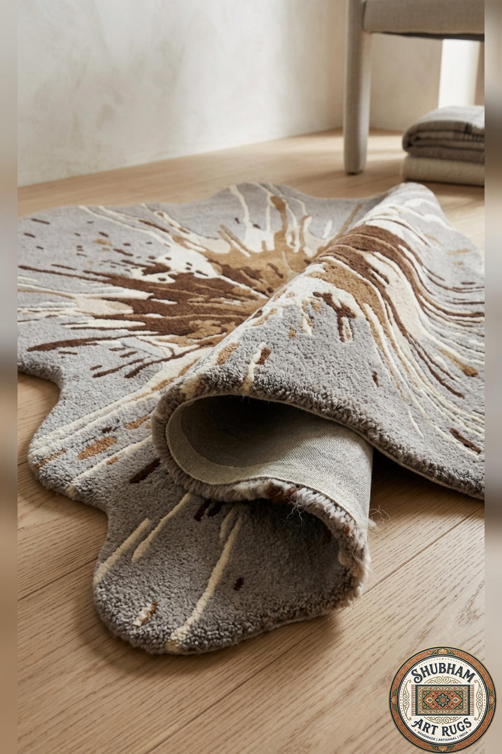 Hand Tufted Wool Splash Rug, Organic Irregular Grey Brown Area Carpet