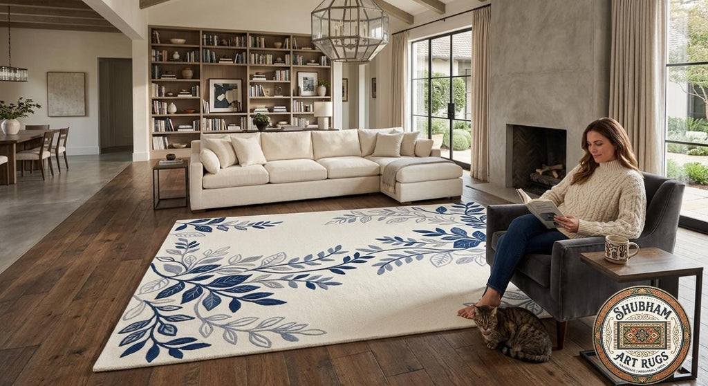 Blue Floral Hand Tufted Wool Rug, Botanical Area Carpet, Living Room Bedroom Home