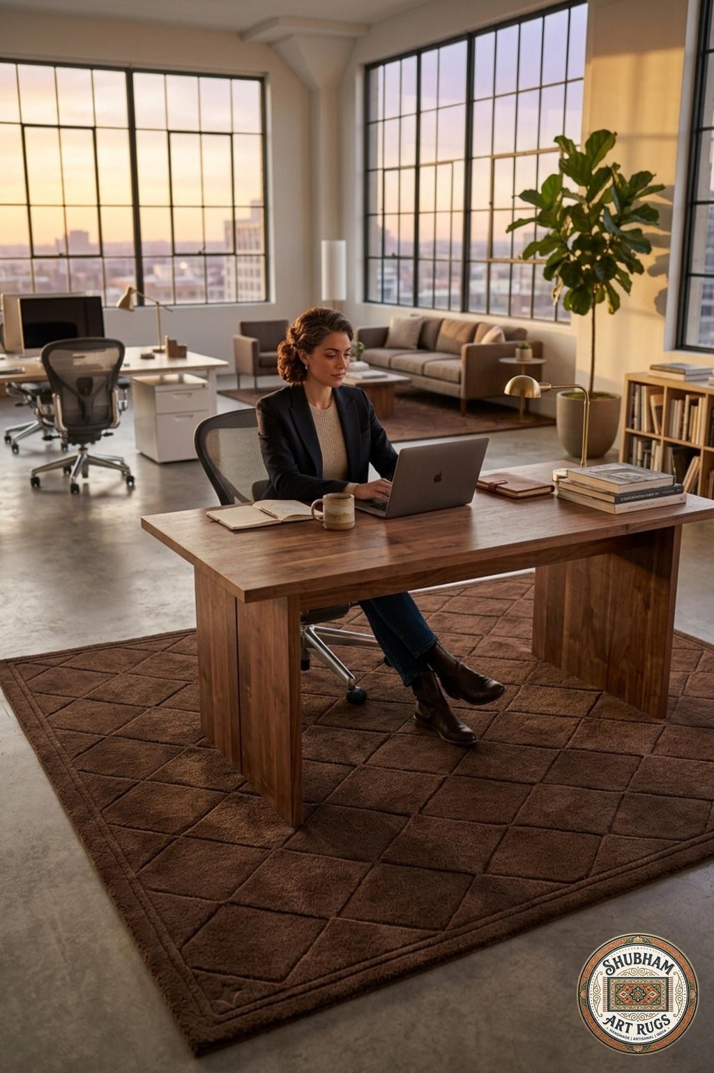 Hand Tufted Wool Rug: Brown Geometric Diamond Pattern, Plush Living Room Carpet