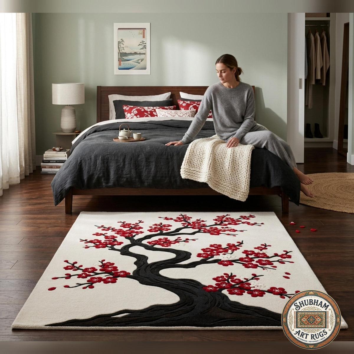 Hand Tufted Wool Rug, Japanese Cherry Blossom Floral Carpet, Round Area Rug