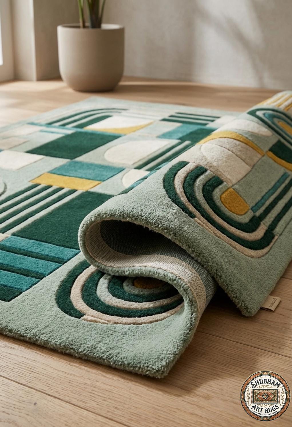 Sage Geometry Hand Tufted Wool Rug, Mid Century Modern Abstract Carpet