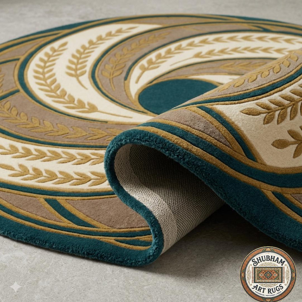 Hand Tufted Wool Rug: Abstract Swirl Leaf Design, Green Beige Gold Carpet