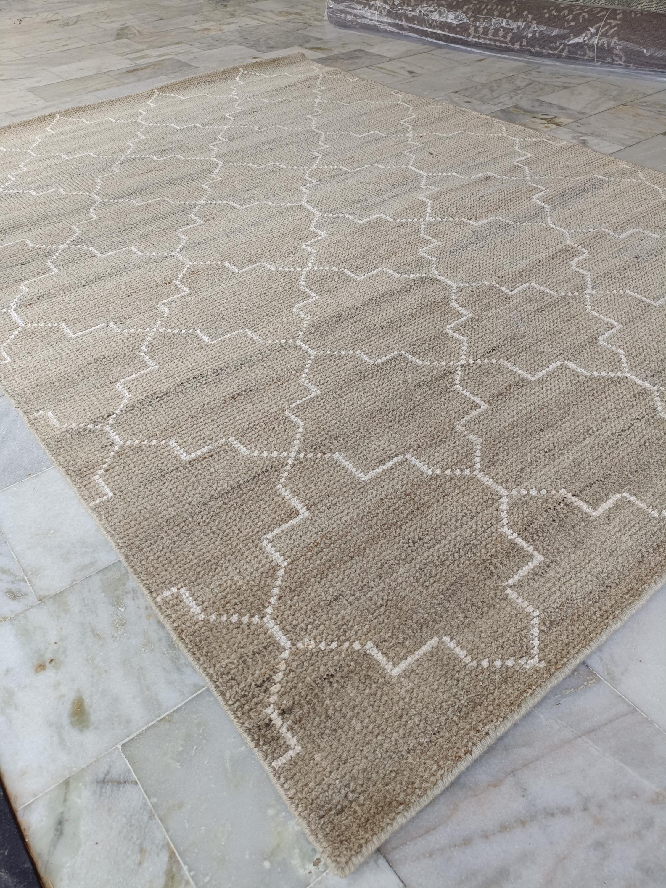 Hand Knotted Wool Rug, Beige Geometric Moroccan Style Living Room Carpet