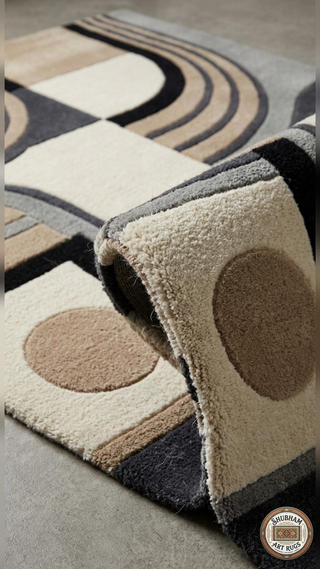 Hand Tufted Wool Rug, Modern Abstract Arc, Geometric Neutral Beige Grey Carpet