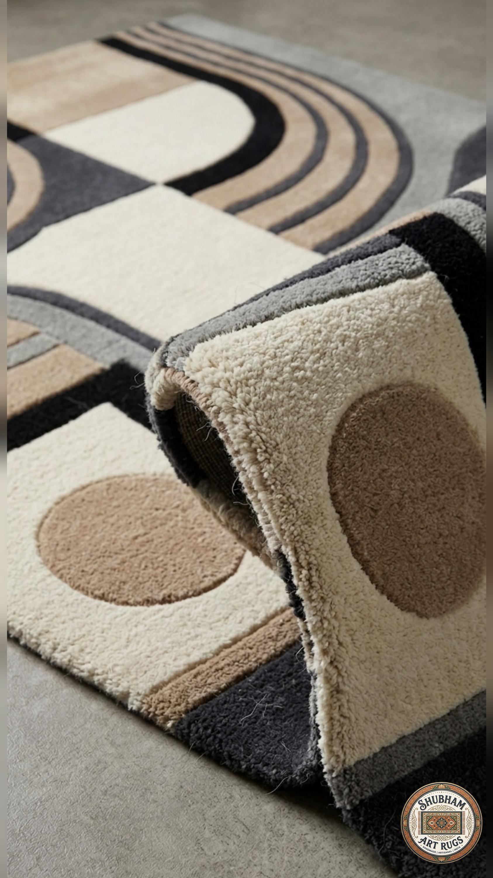 Hand Tufted Wool Rug, Modern Abstract Arc, Geometric Neutral Beige Grey Carpet