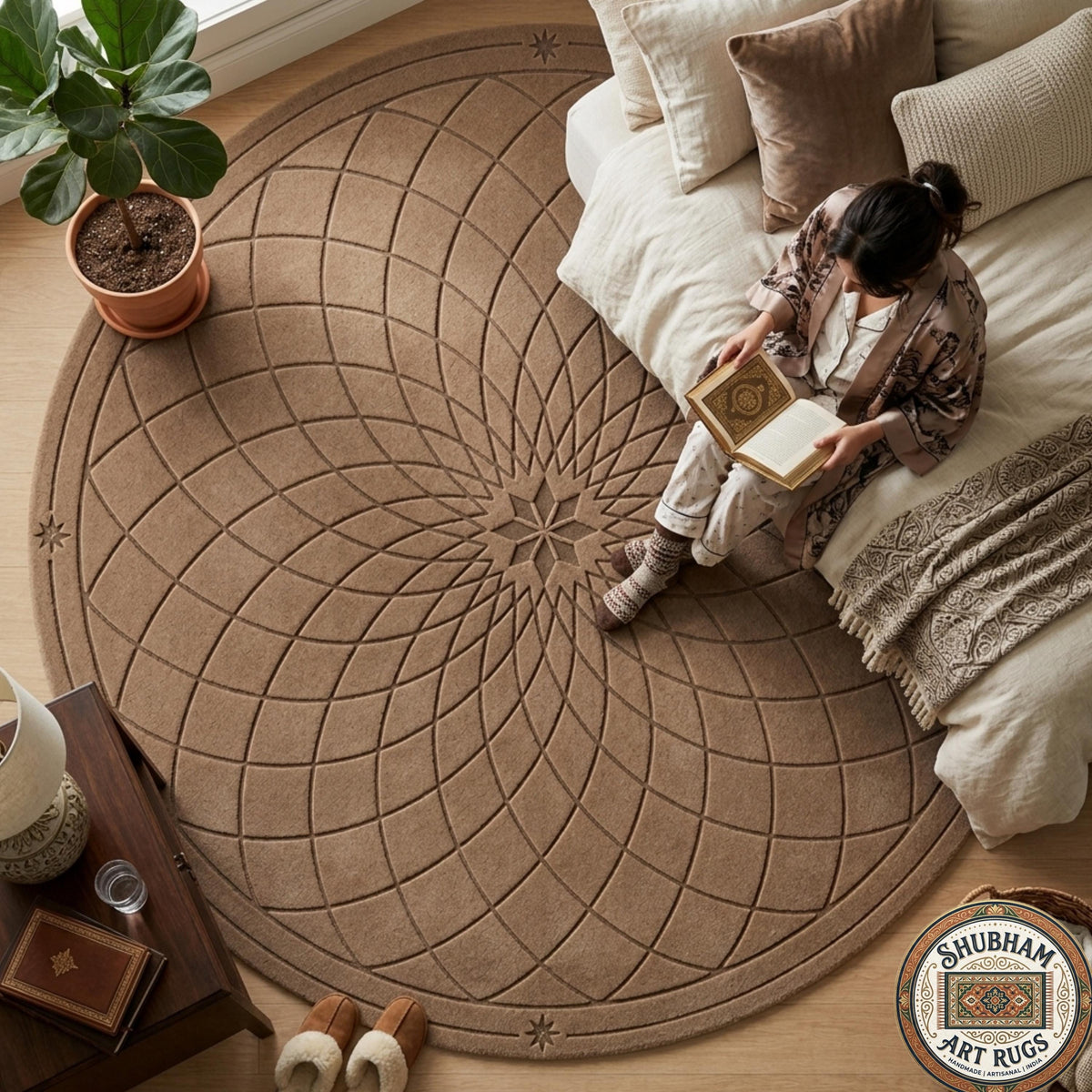 Hand Tufted Wool Round Rug, Modern Geometric Mandala Carpet, Organic Luxury Decor