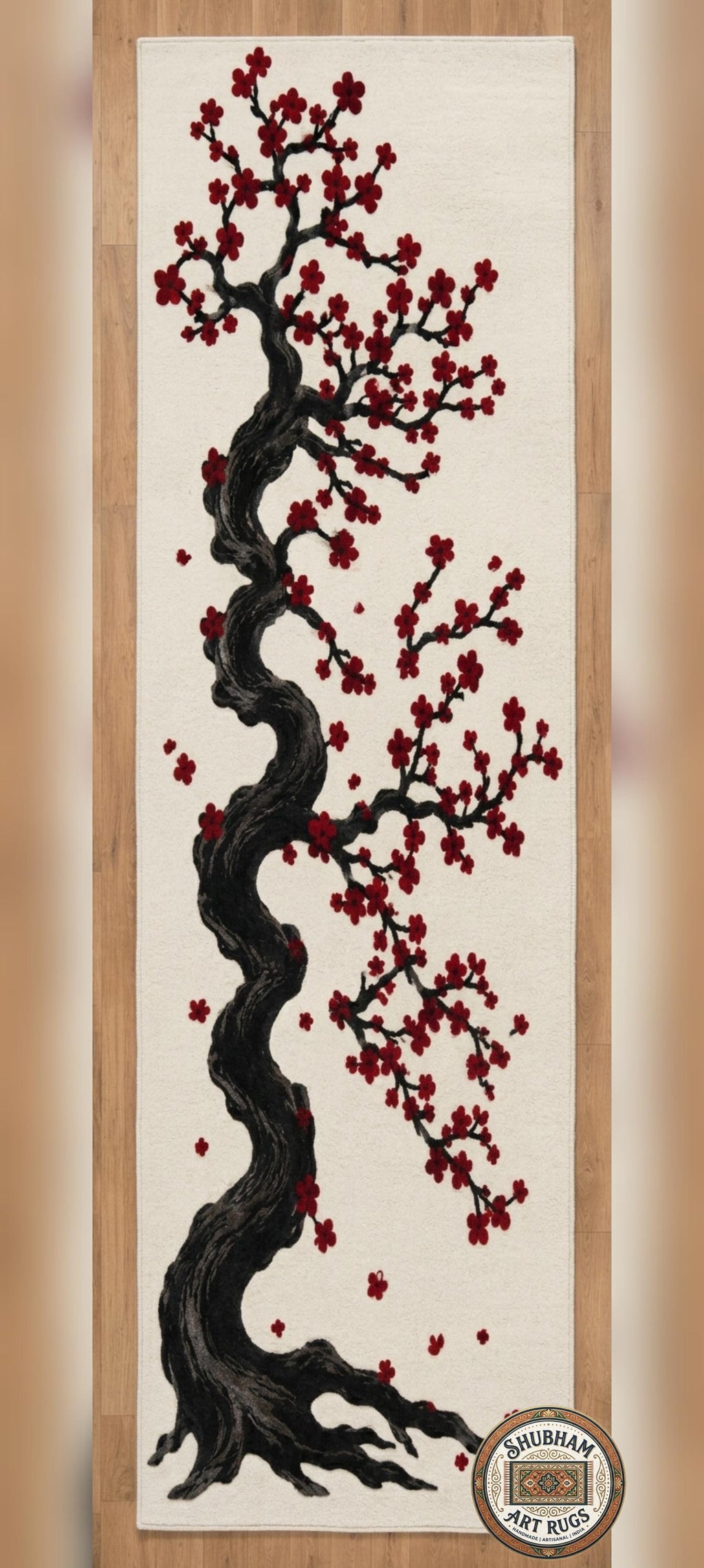 Hand Tufted Wool Rug, Cherry Blossom Tree, Organic Shape, Japanese Floral Carpet