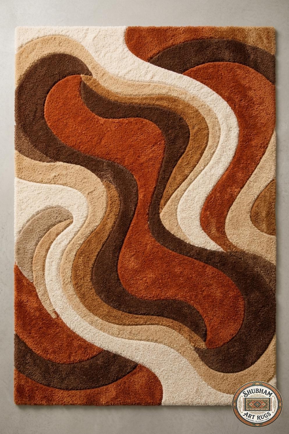 Hand Tufted Wool Rug: Retro Wave Abstract Design, Living Room Bedroom Carpet