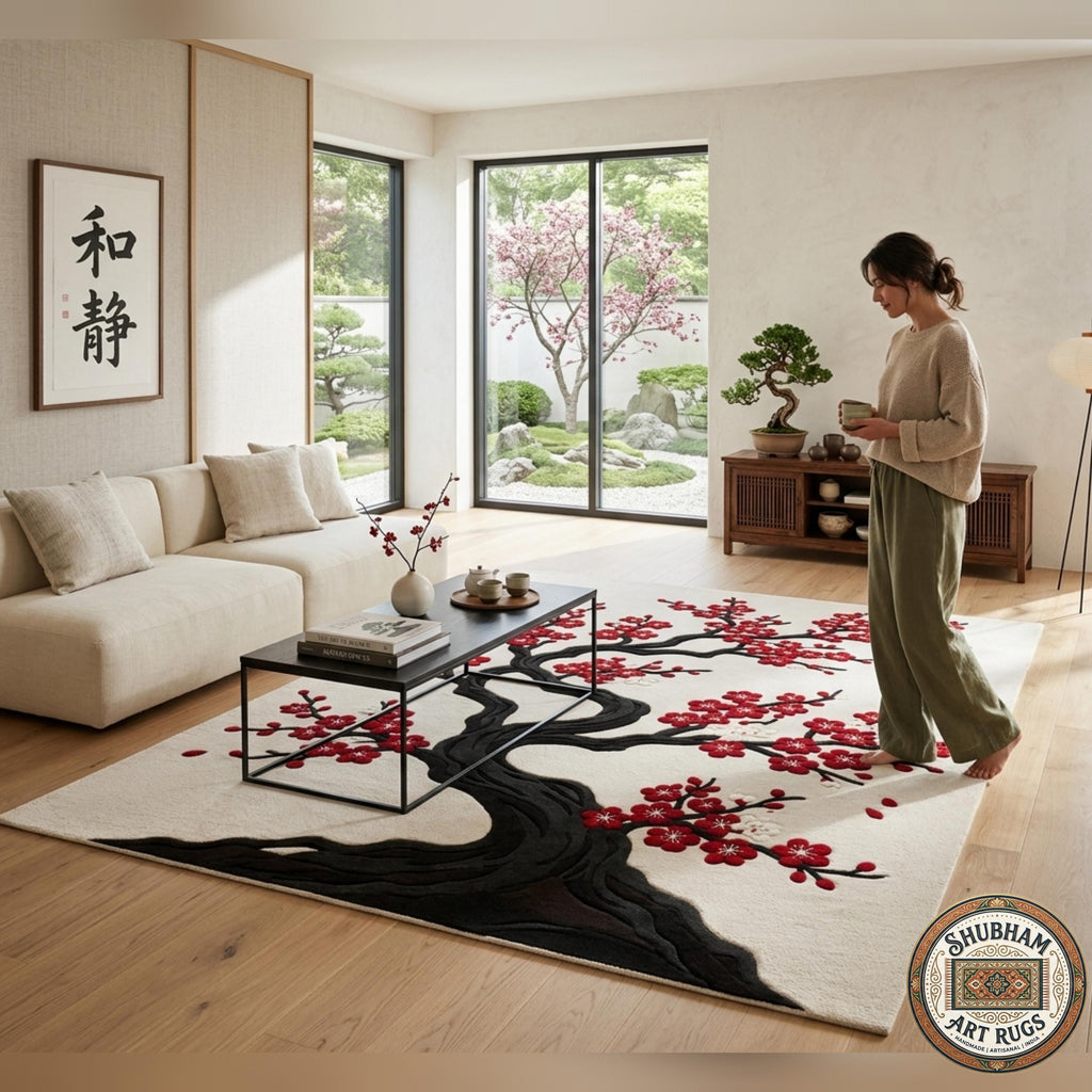 Hand Tufted Wool Rug, Japanese Cherry Blossom Floral Carpet, Round Area Rug