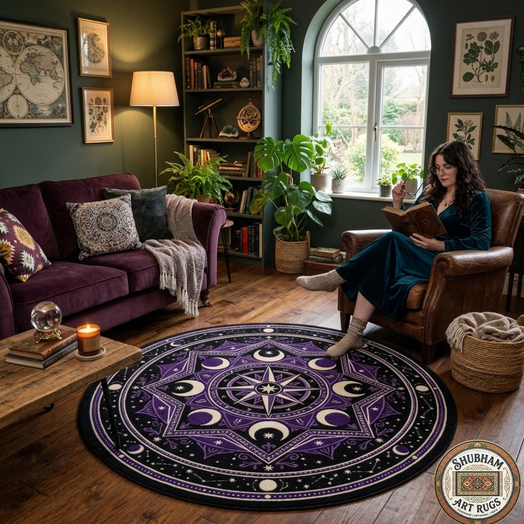 Hand Tufted Wool Celestial Rug, Purple Moon Star Carpet, Gothic Astrology Round Area Rug