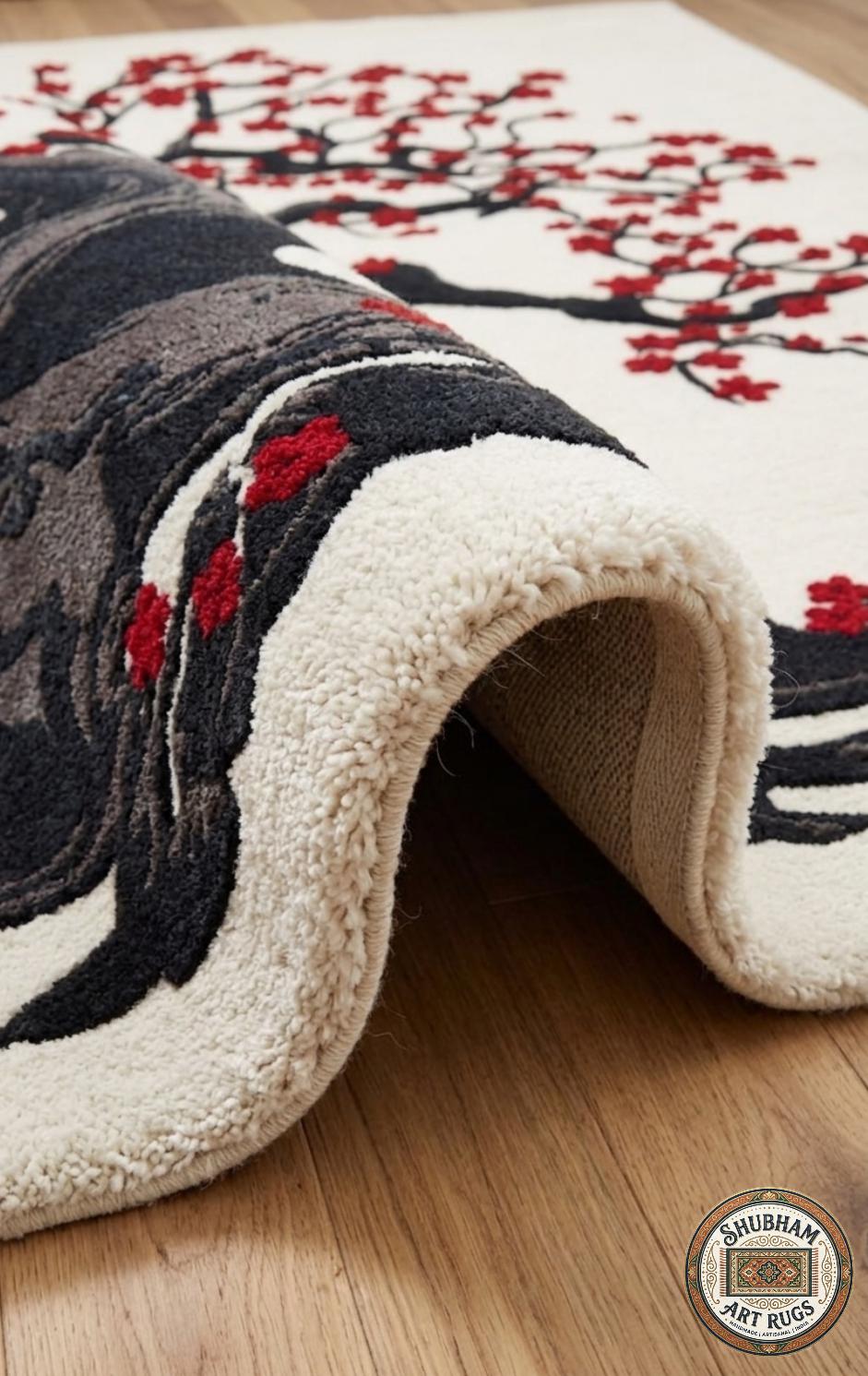 Hand Tufted Wool Rug: Japanese Cherry Blossom Tree Floral Carpet