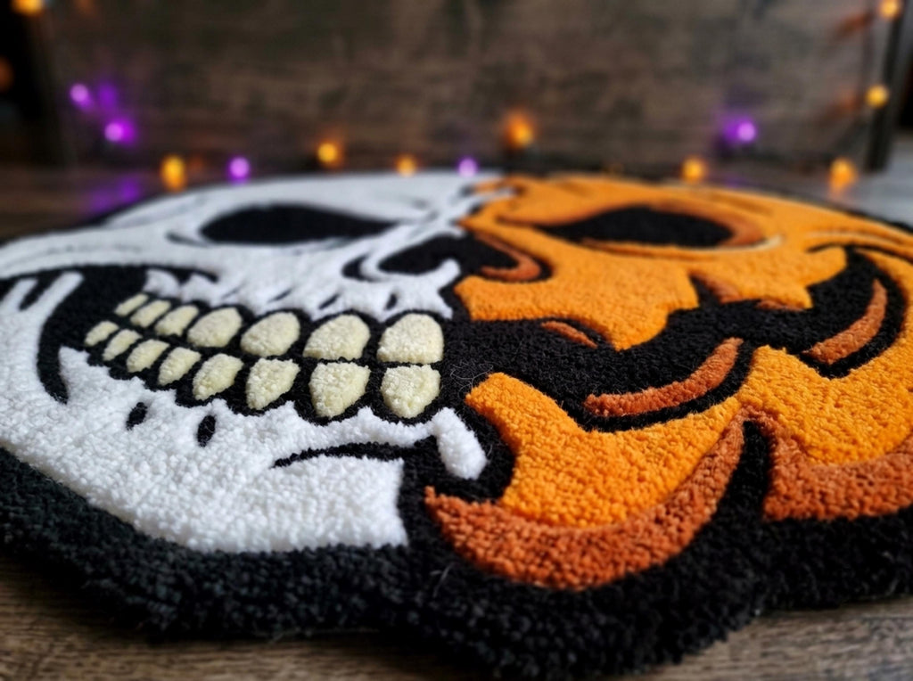 Hand Tufted Skull Pumpkin Halloween Wool Rug, Gothic Fall Decor Minimalist Living Room Carpet