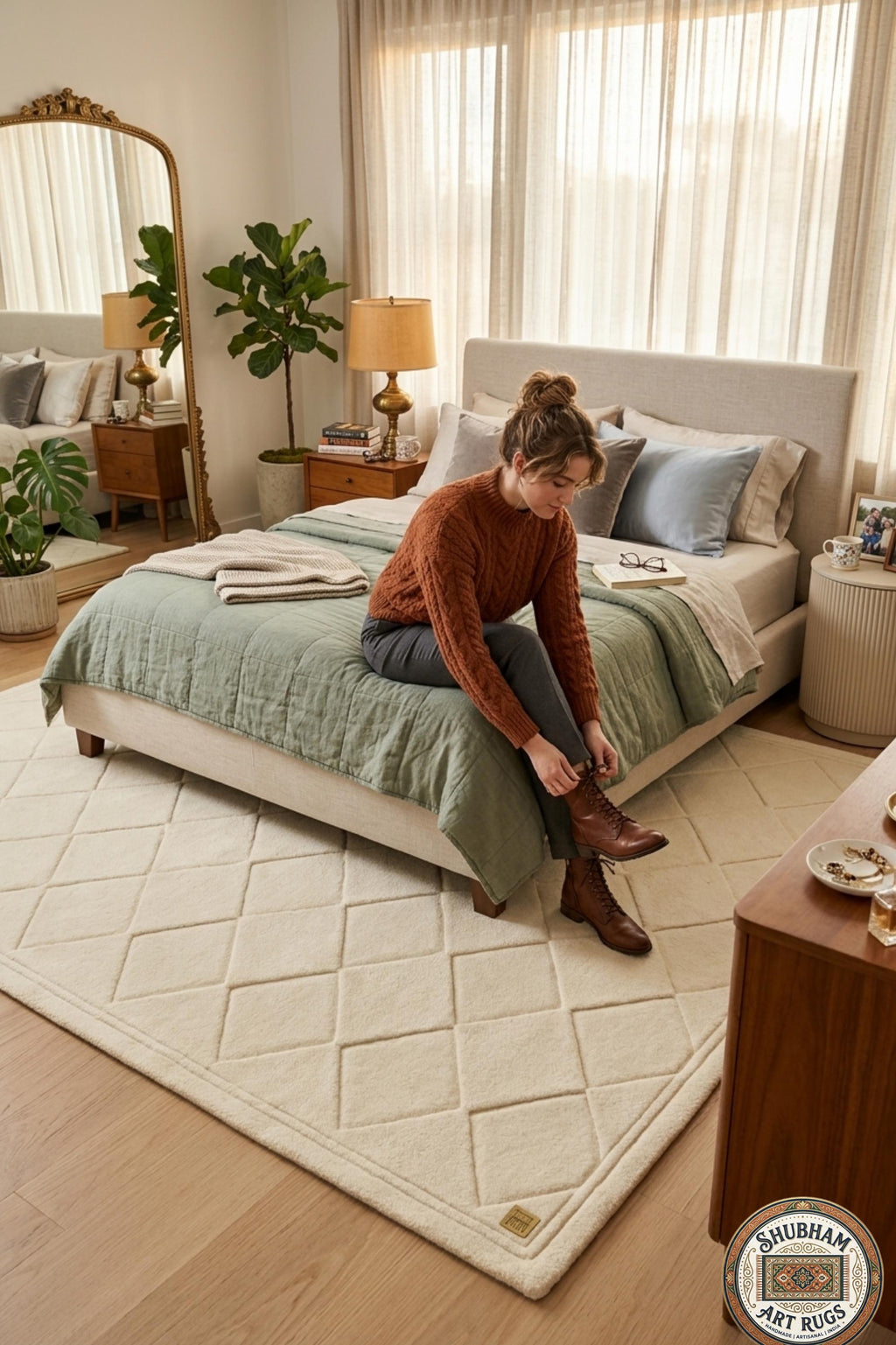Hand Tufted Wool Rug: Ivory Geometric Diamond, Plush Modern Carpet