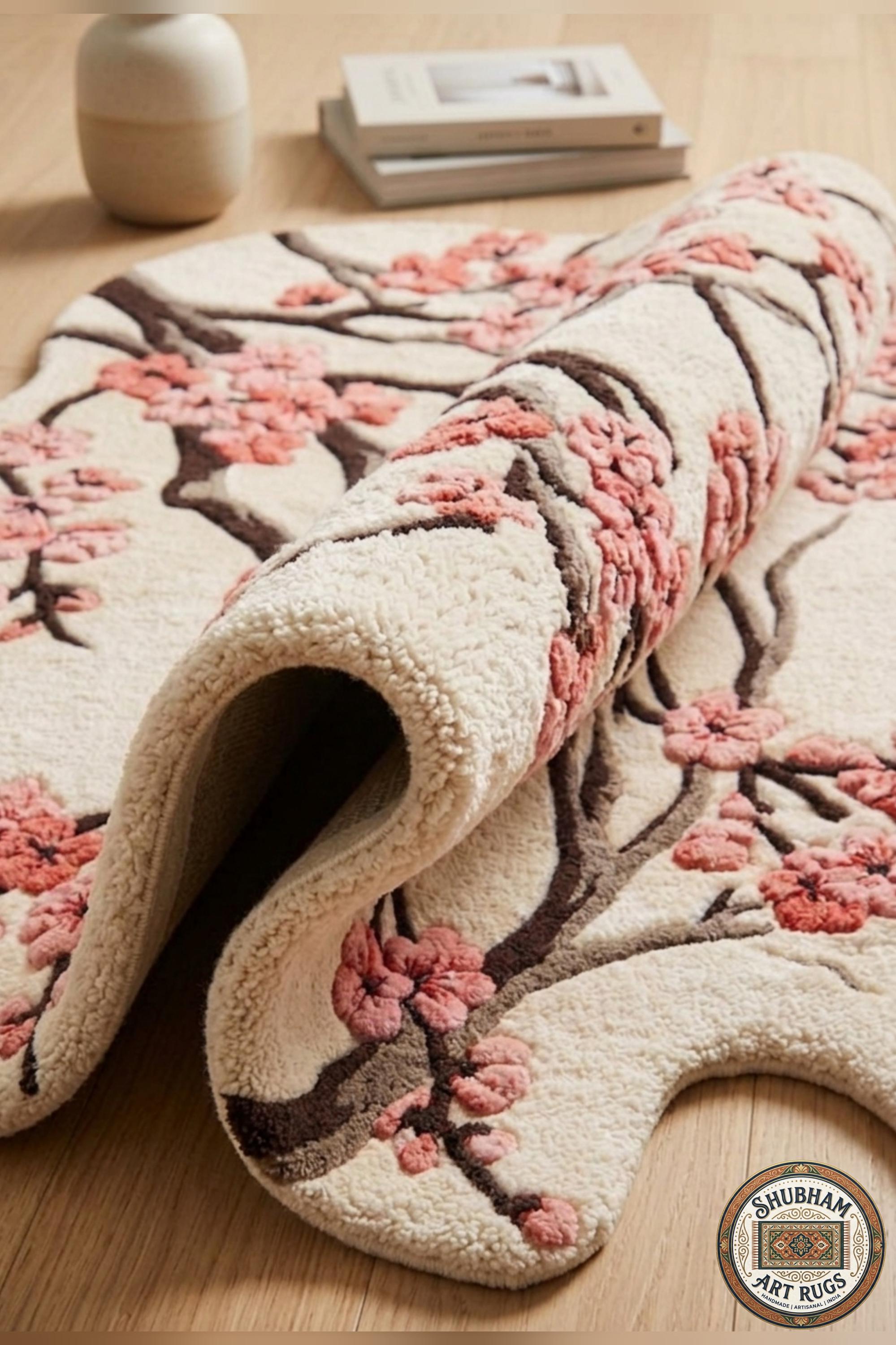 Hand Tufted Cherry Blossom Wool Rug, New Zealand Wool, Organic Floral Carpet Runner