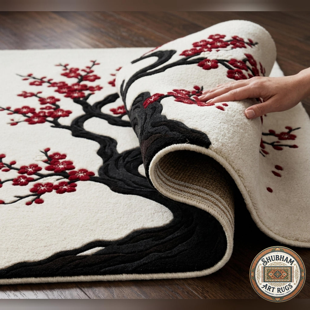 Hand Tufted Wool Rug, Japanese Cherry Blossom Floral Carpet, Round Area Rug