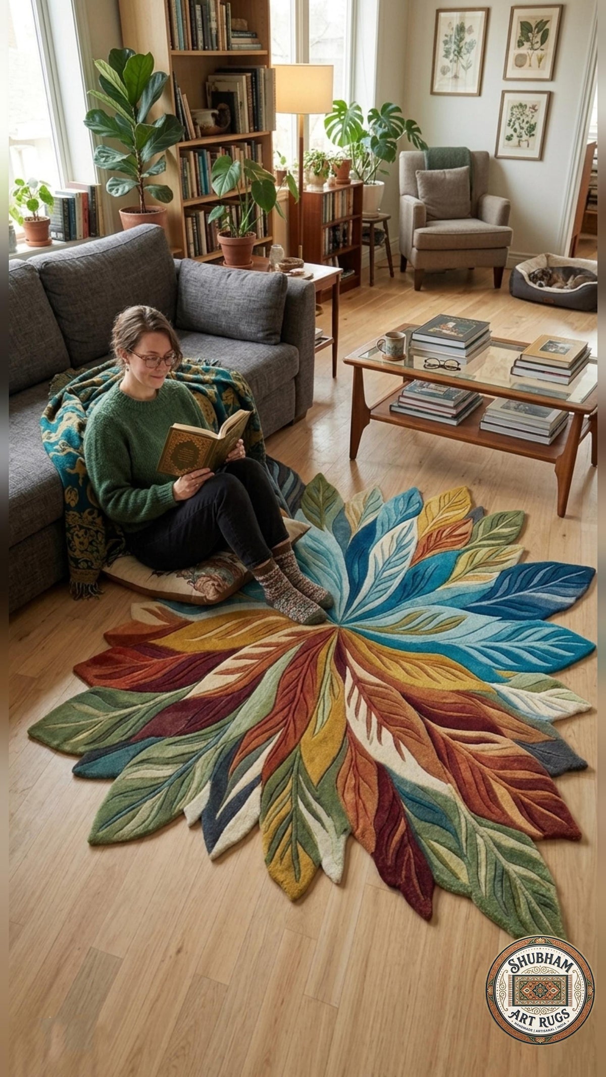 Hand Tufted Wool Leaf Rug, Botanical Area Carpet, Modern Colorful Design