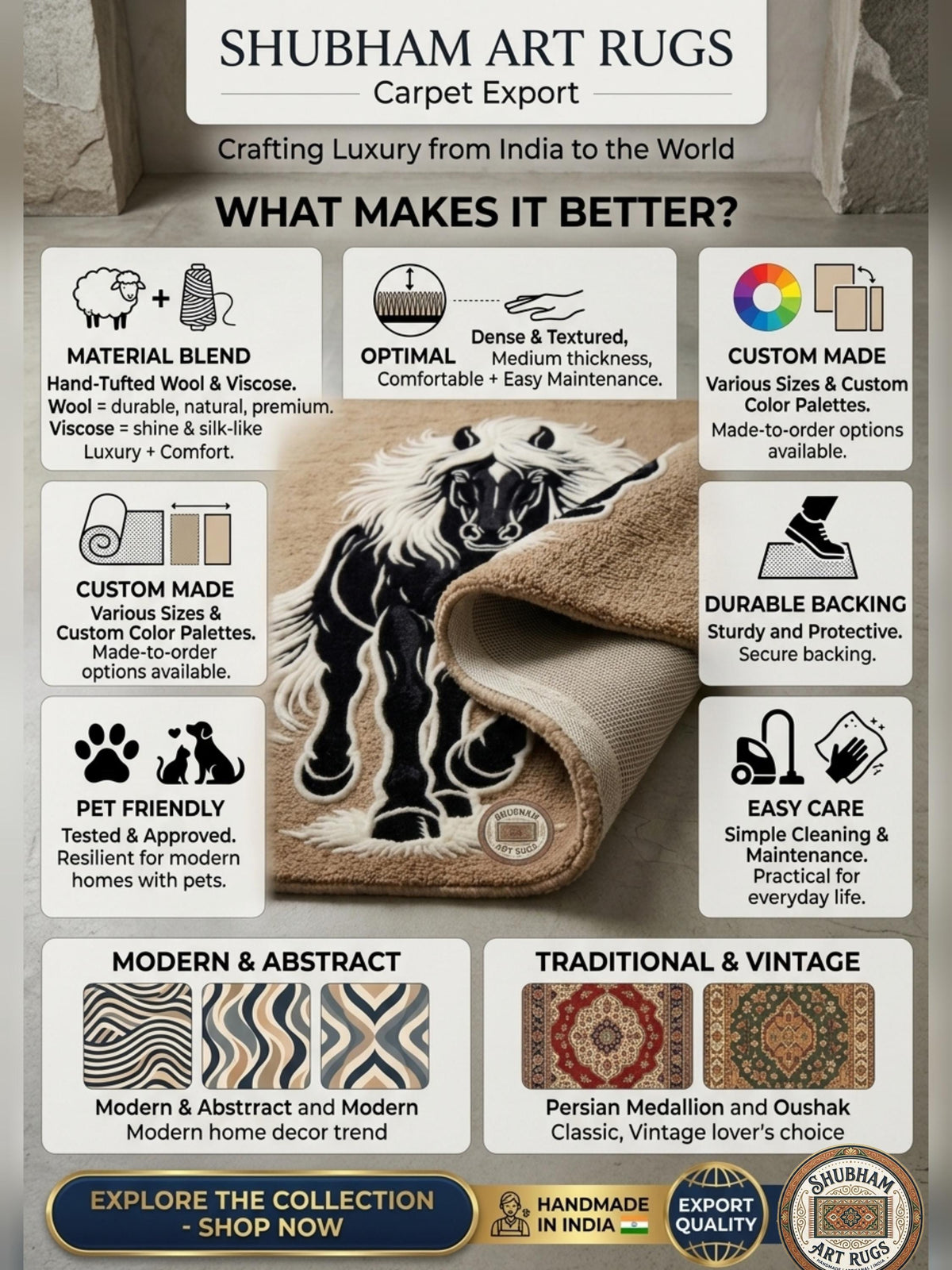 Hand Tufted Black Horse Wool Rug, Artistic Animal Area Carpet