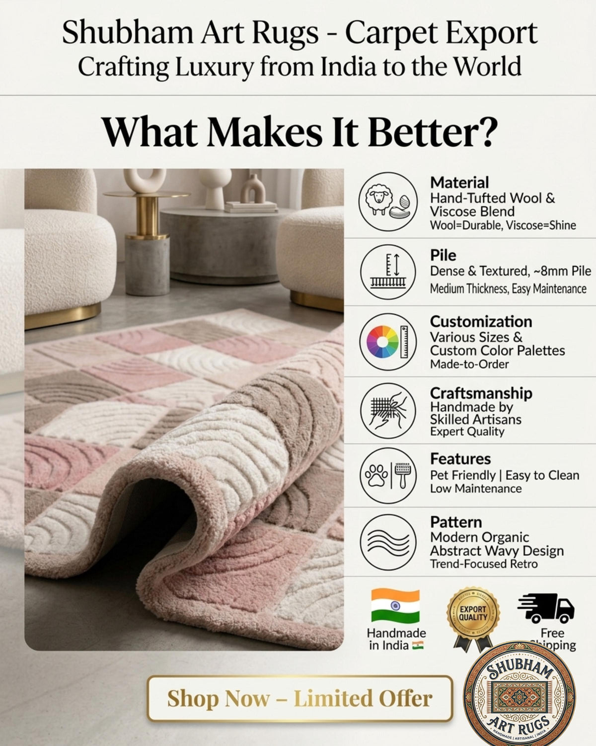 Hand Tufted Wool Rug, Soft Pink Beige Checkered Nursery Carpet, New Zealand wool