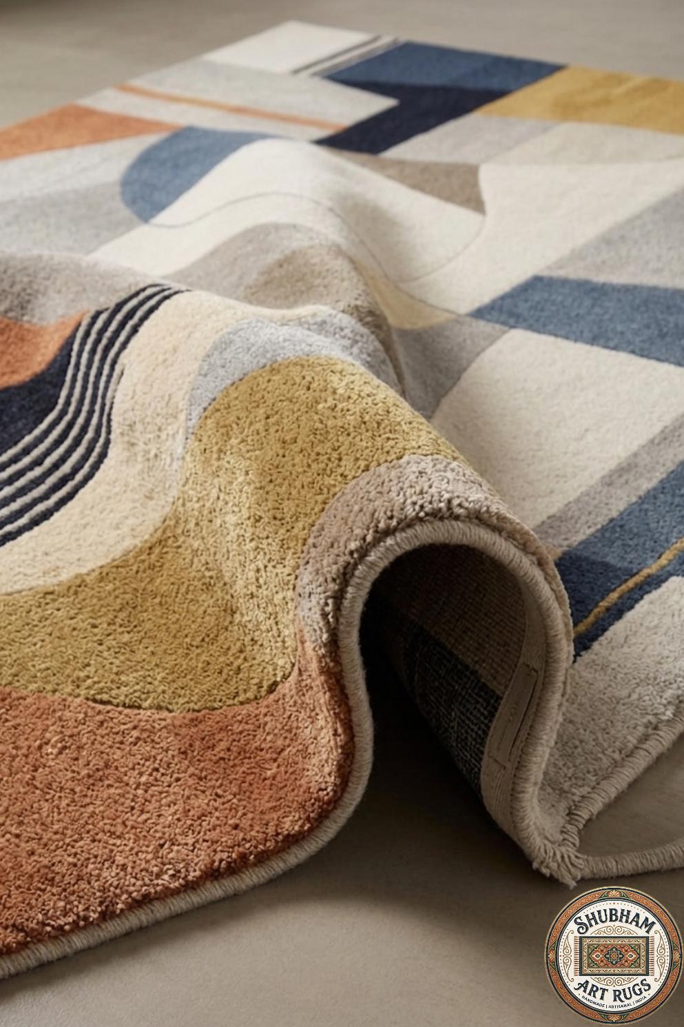 Hand Tufted Wool Rug: Modern Abstract Geometric Area Carpet, Neutral Beige Home Decor
