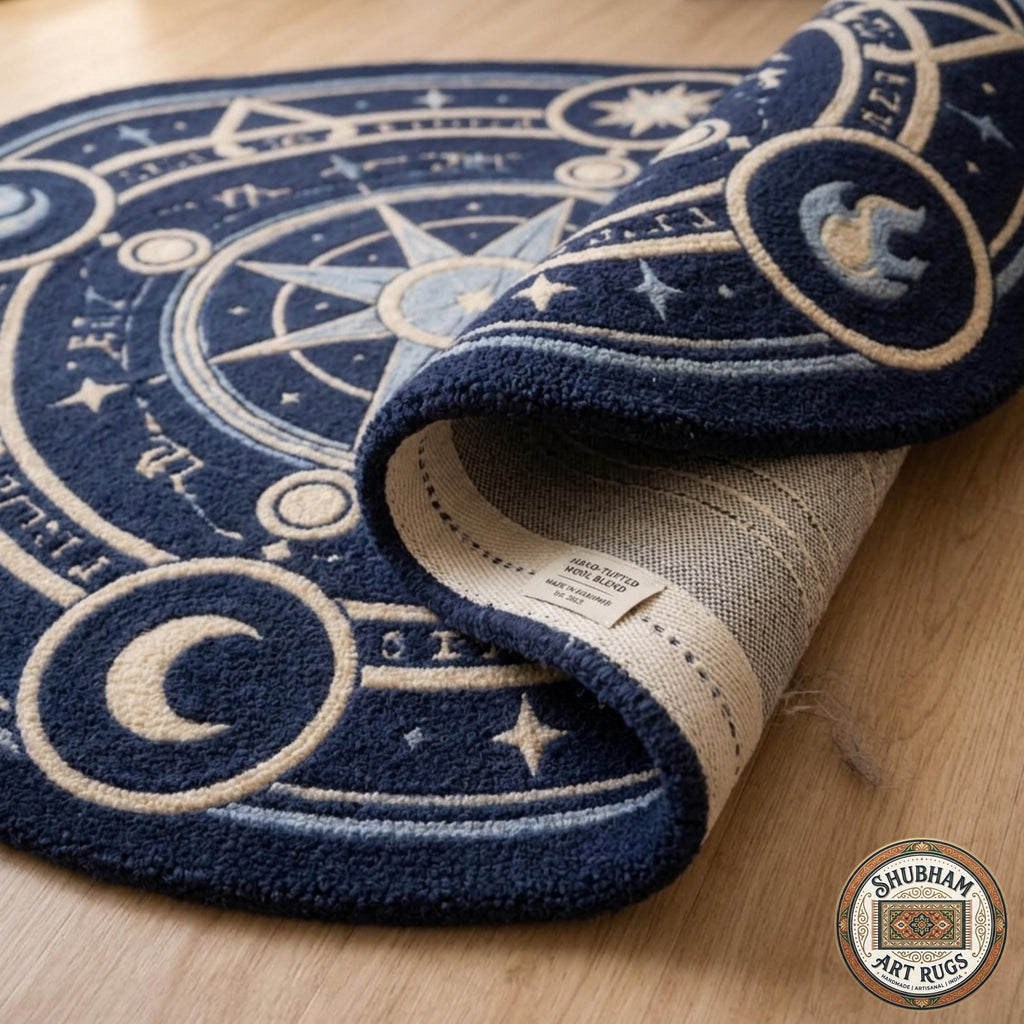 Hand Tufted Wool Celestial Rug, Magic Circle Round Carpet, Astrology Star Navy Blue