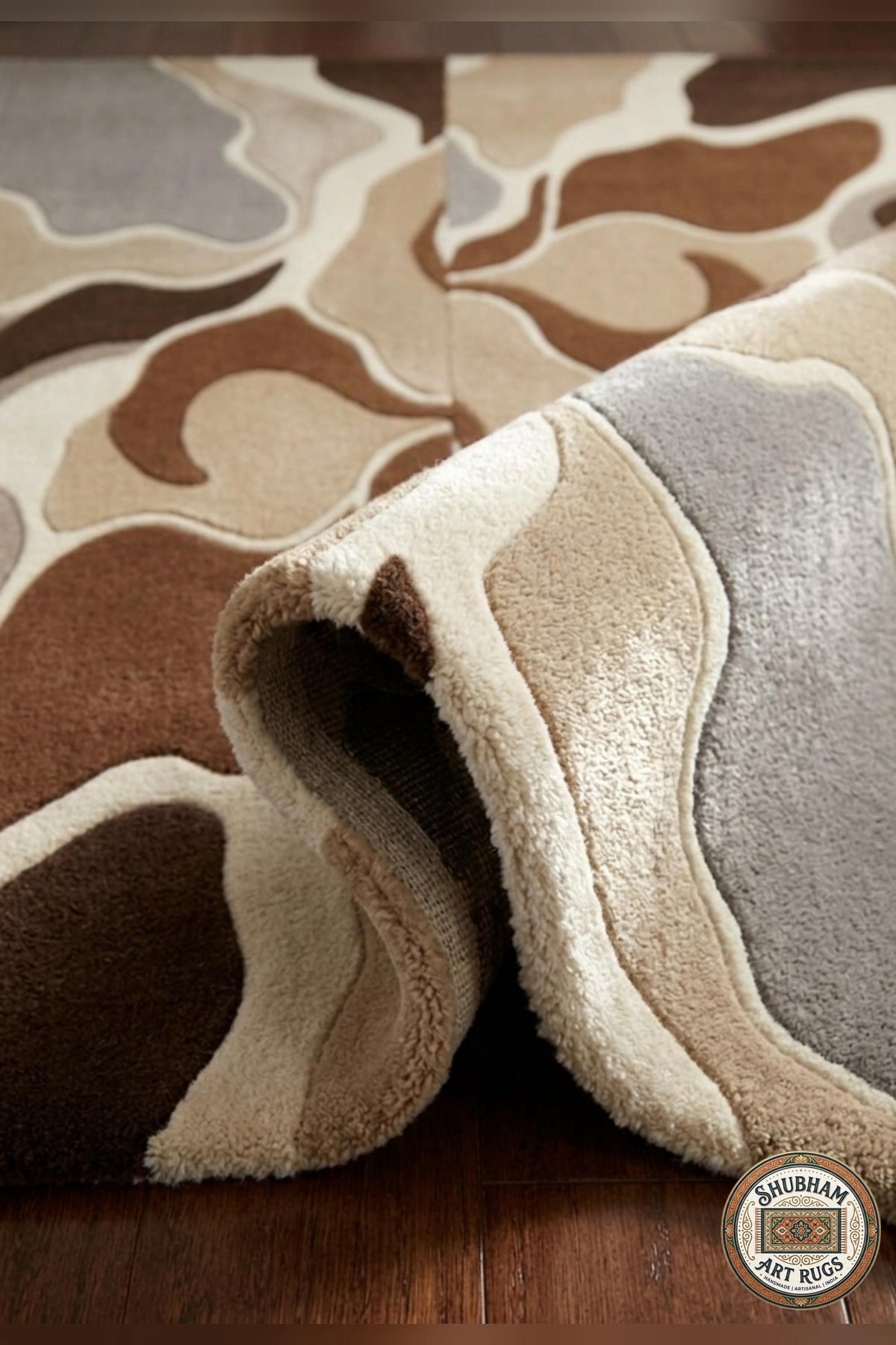 Hand Tufted Wool Rug, Abstract Organic Modern Area Carpet, Brown Beige Home Decor