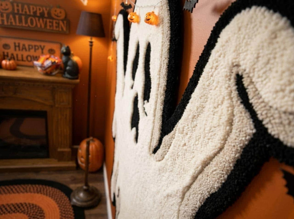 Hand Tufted New Zealand Wool Ghost Rug, Cream Black Halloween Area Rug