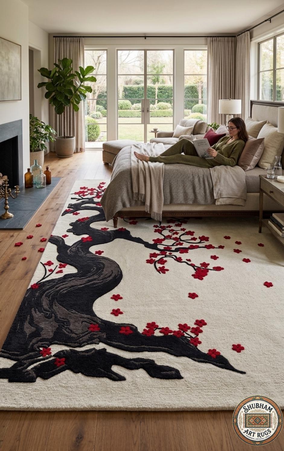 Hand Tufted Wool Rug: Japanese Cherry Blossom Tree Floral Carpet
