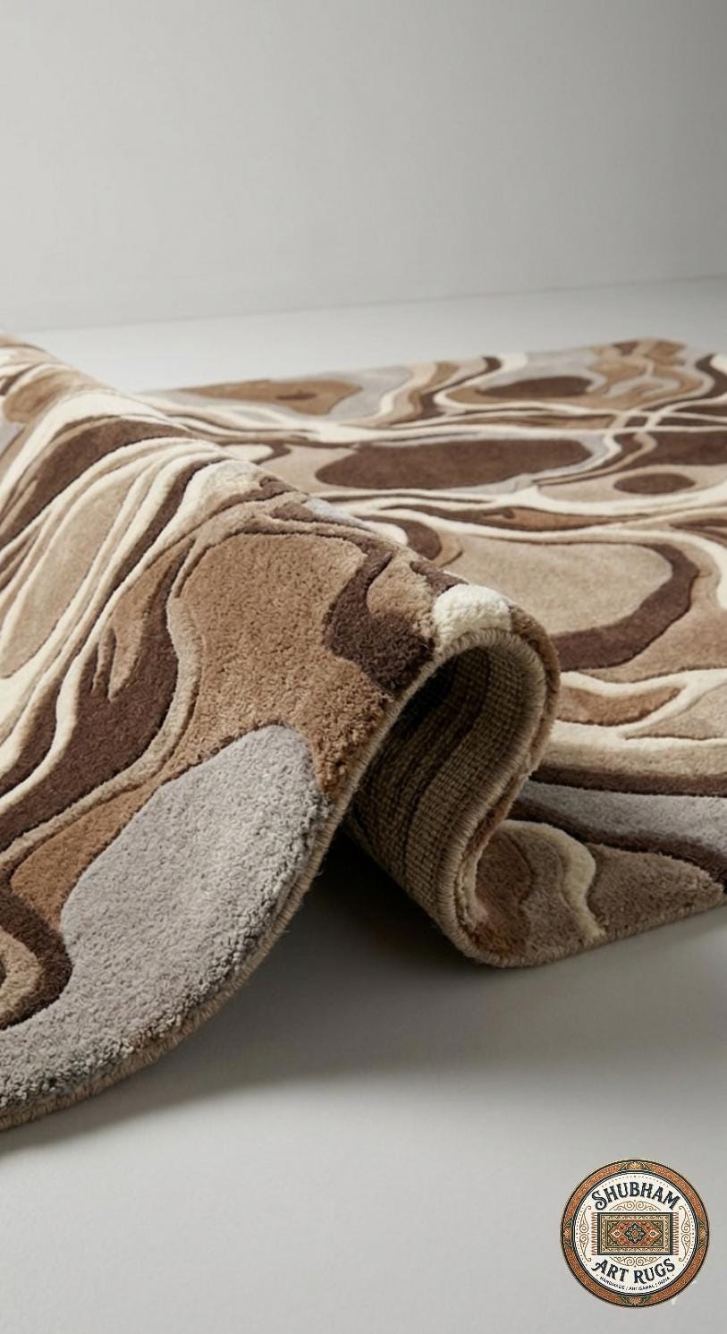 Hand Tufted Wool Rug, Abstract Brown Runner, Modern Organic Carpet, Neutral Beige Area Rug