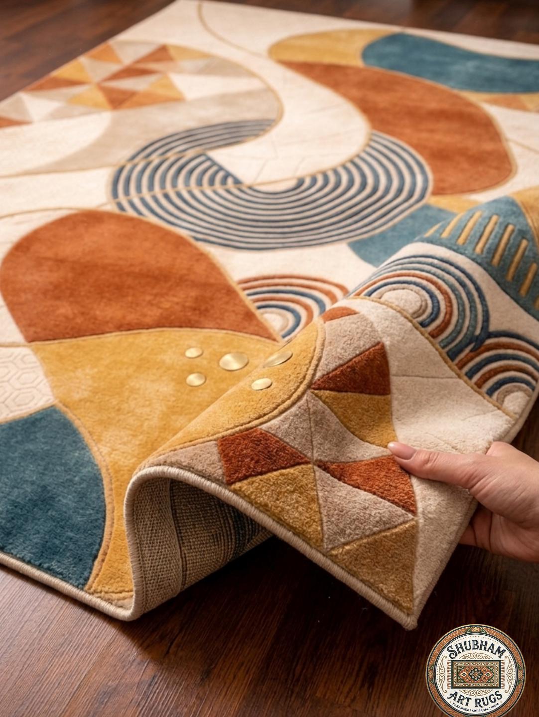 Hand Tufted Wool Area Rug, Modern Abstract Geometric Carpet, Beige Teal Rust Living Room