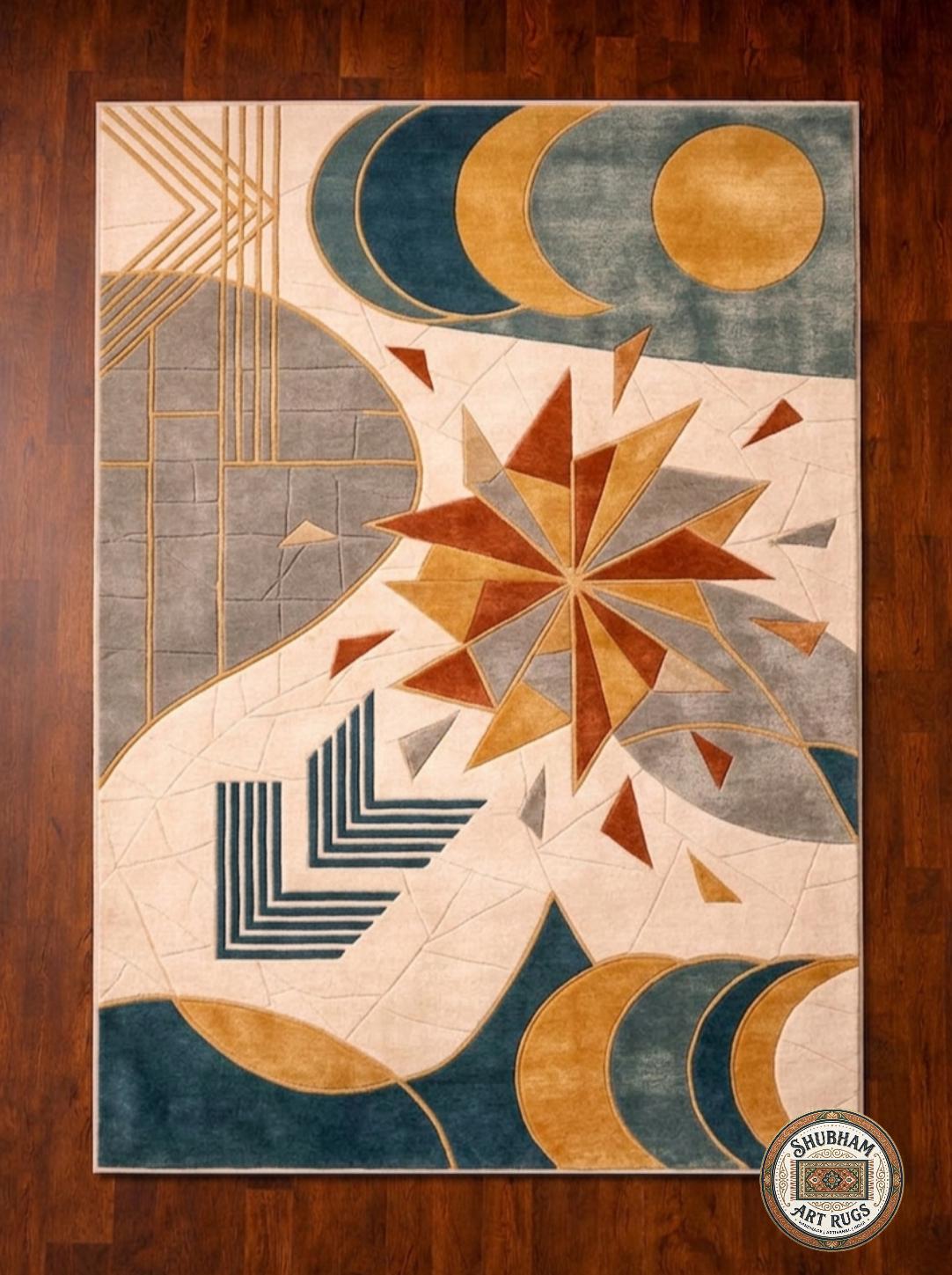 Hand Tufted Wool Rug, Abstract Celestial Geometric Carpet, Boho Living Room Area Rug