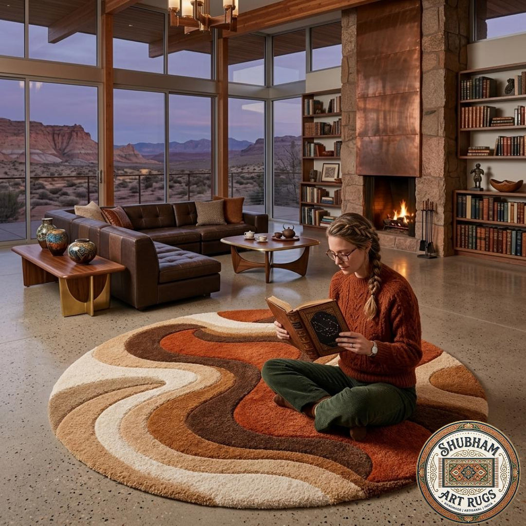 Hand Tufted Wool Rug: Retro Wave Abstract Design, Living Room Bedroom Carpet