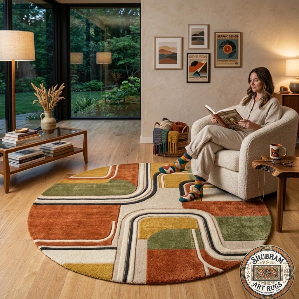 Hand Tufted Wool Rug, Modern Geometric Abstract Carpet, Retro Area Rug, Living Room Bedroom
