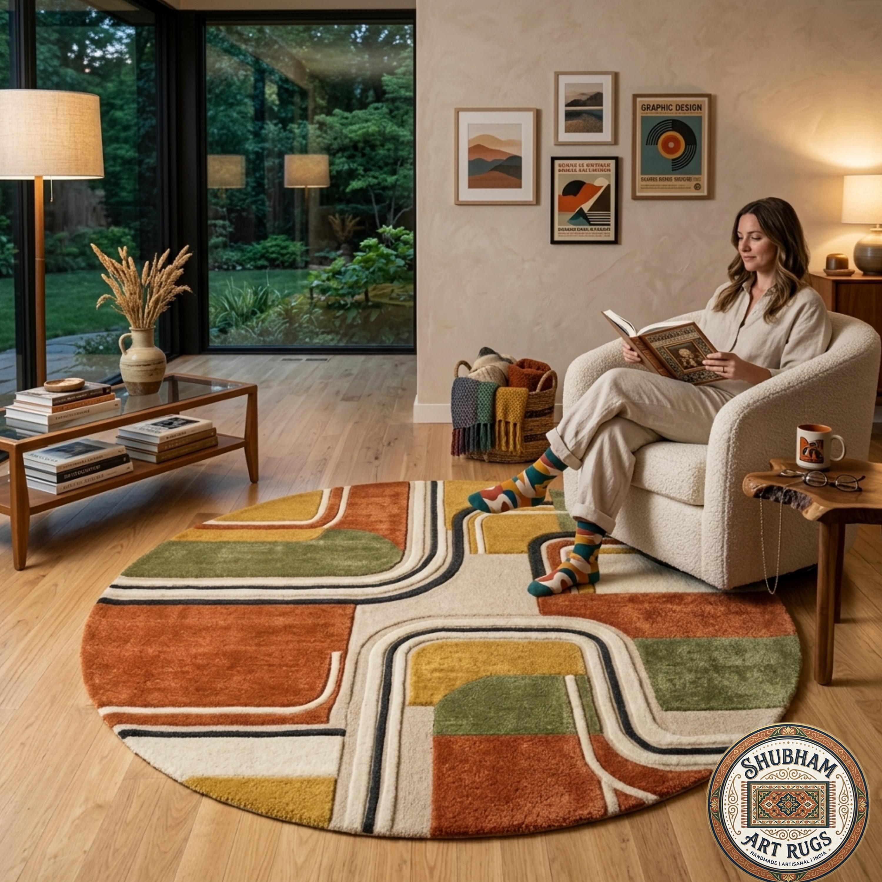 Hand Tufted Wool Rug, Modern Geometric Abstract Carpet, Retro Area Rug, Living Room Bedroom