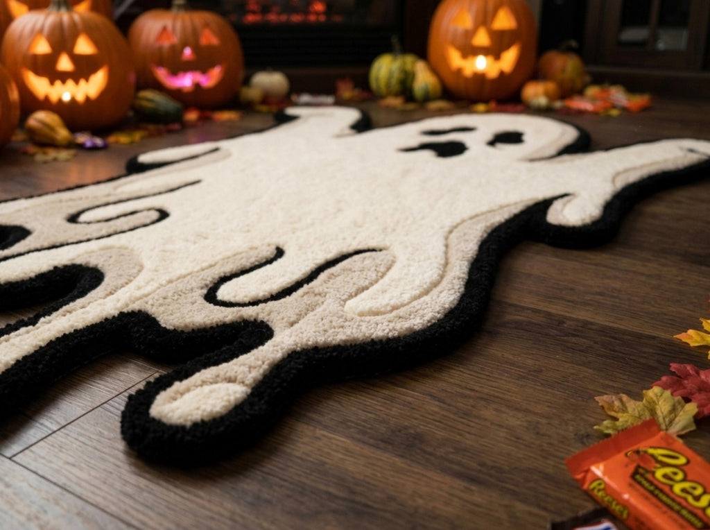 Hand Tufted New Zealand Wool Ghost Rug, Cream Black Halloween Area Rug