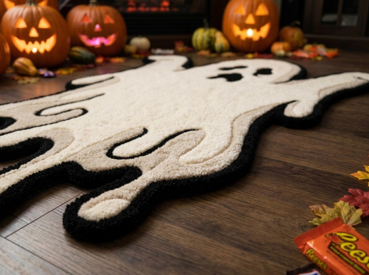 Hand Tufted New Zealand Wool Ghost Rug, Cream Black Halloween Area Rug