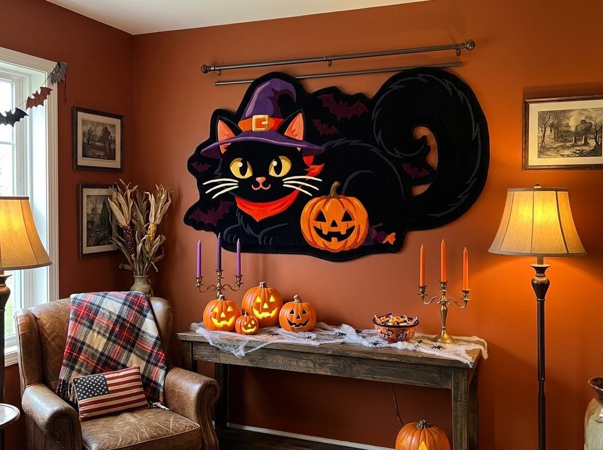 Hand Tufted Halloween Cat Rug, Black Cat Witch Rug, New Zealand Wool Area Rug, Spooky Pumpkin Decor, Gothic Fall Home Accent Gift Idea