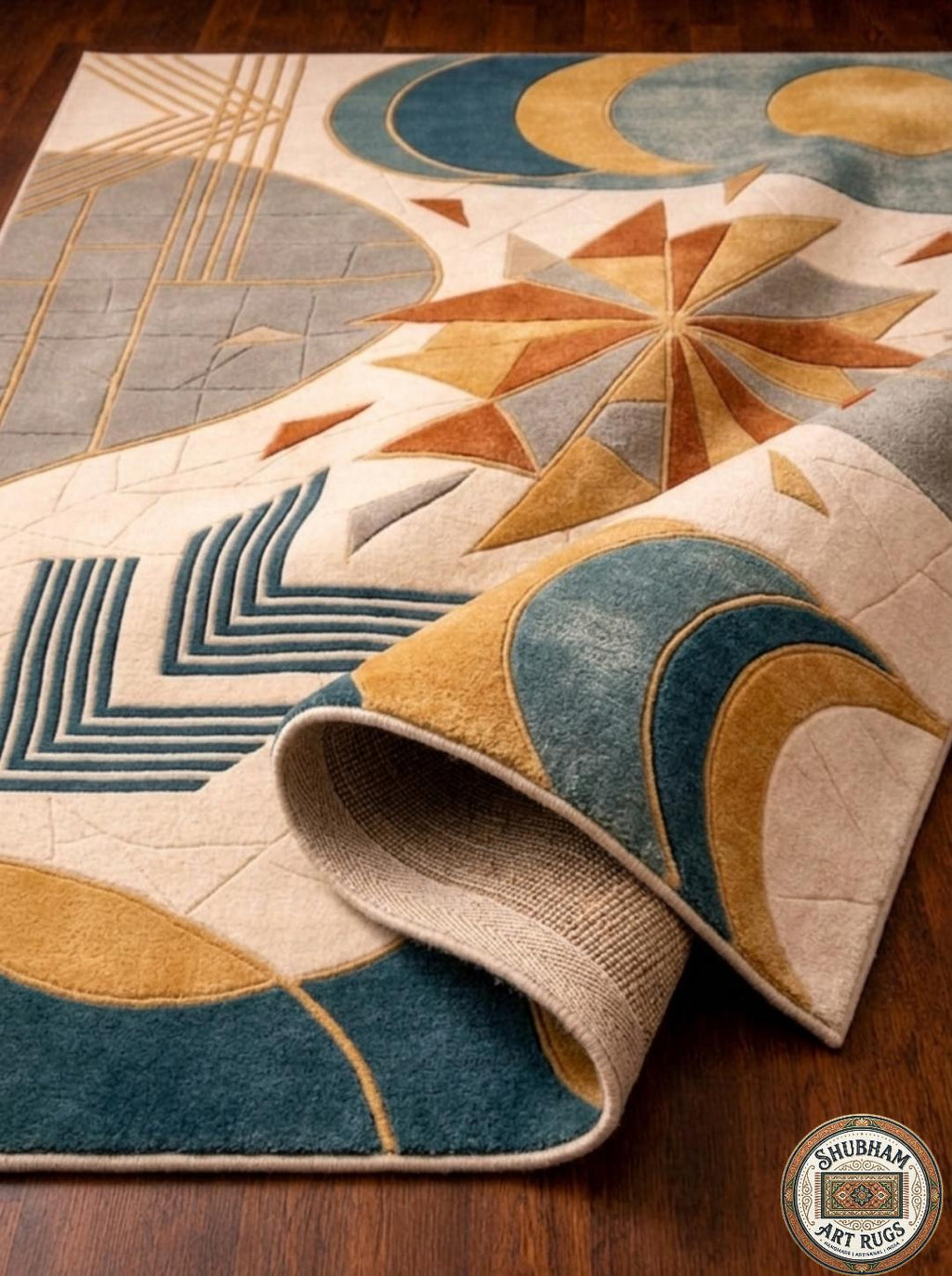 Hand Tufted Wool Rug, Abstract Celestial Geometric Carpet, Boho Living Room Area Rug