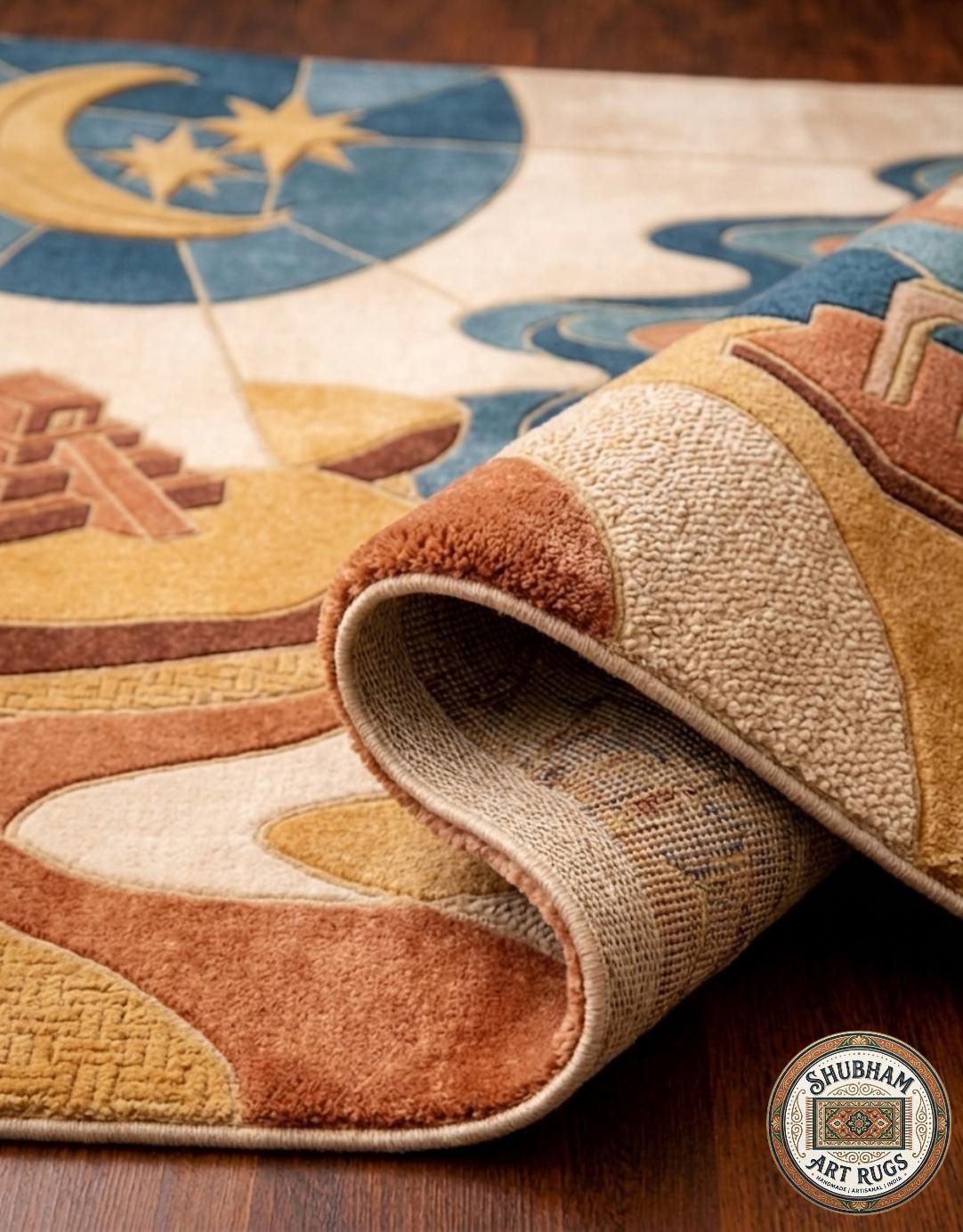 Hand Tufted Wool Area Rug, Celestial Moon Star Abstract Boho Carpet