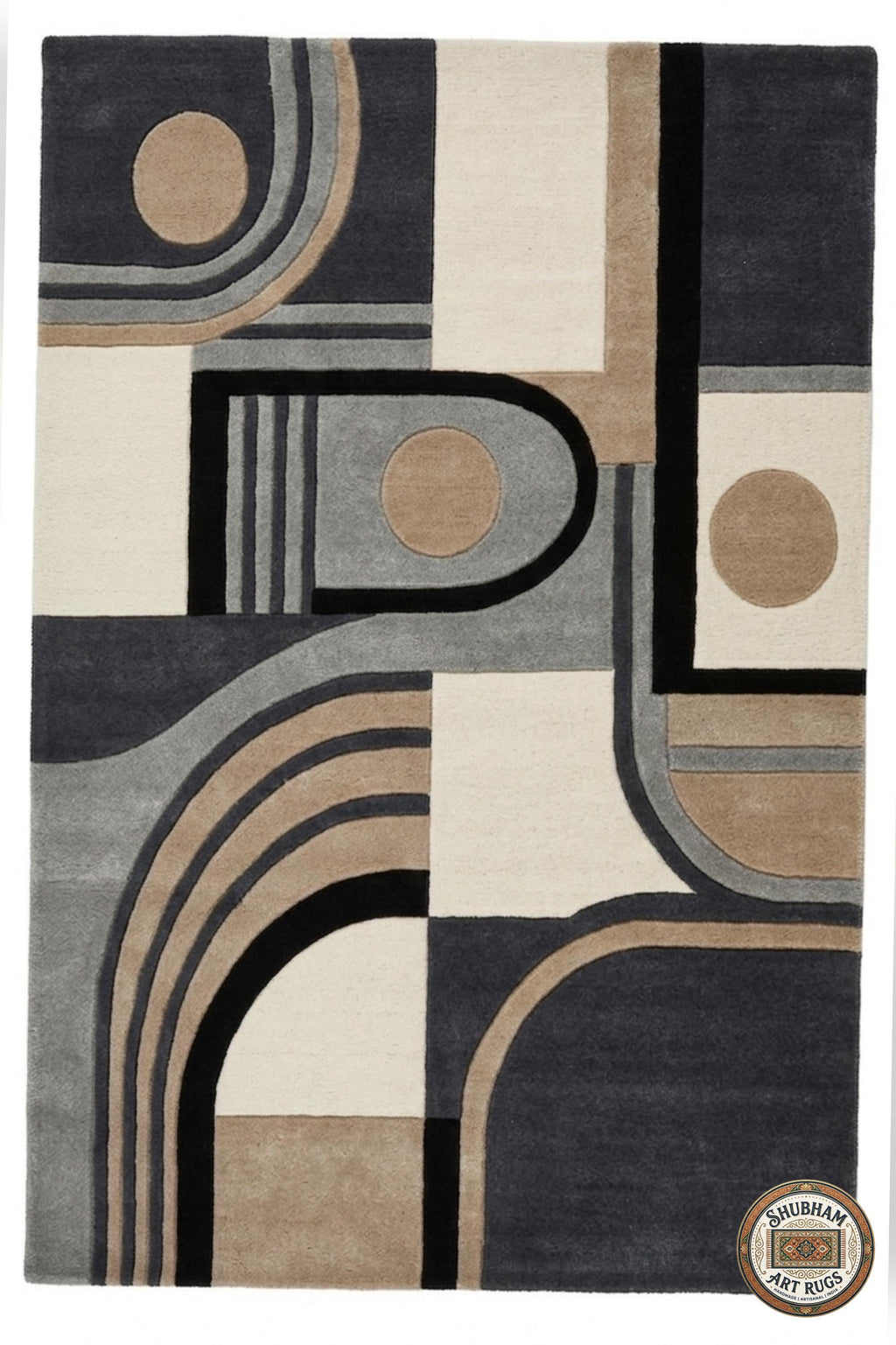 Hand Tufted Wool Rug, Modern Abstract Arc, Geometric Neutral Beige Grey Carpet