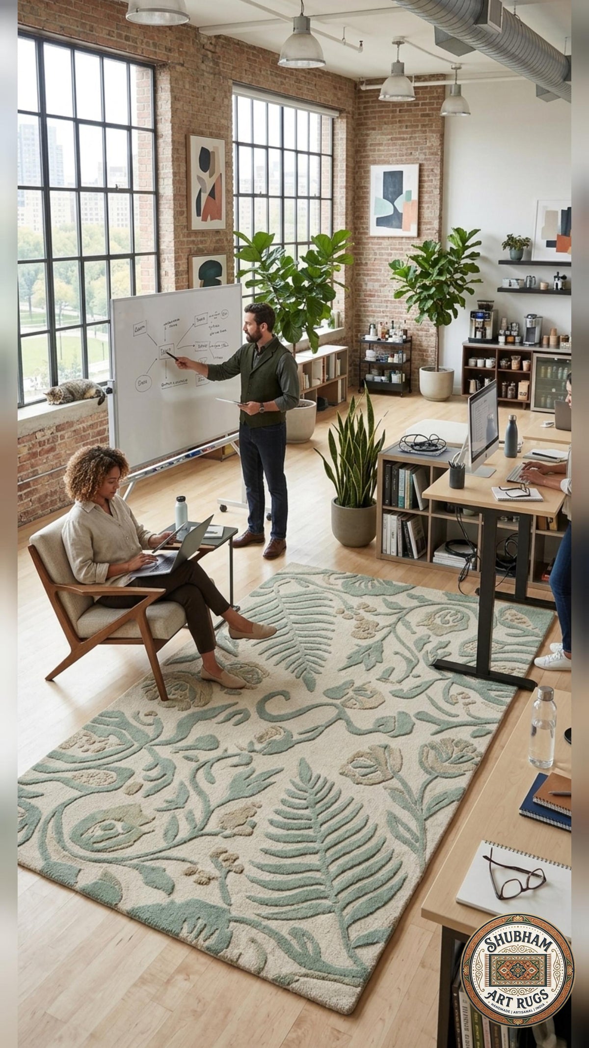 Hand Tufted Wool Rug, Botanical Design, Green Beige, Custom Size Area Carpet