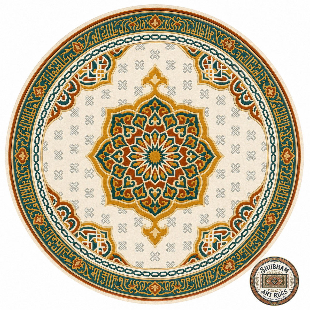 Hand Tufted Wool Rug, Islamic Moroccan Area Carpet, Cream Teal Gold Home Decor