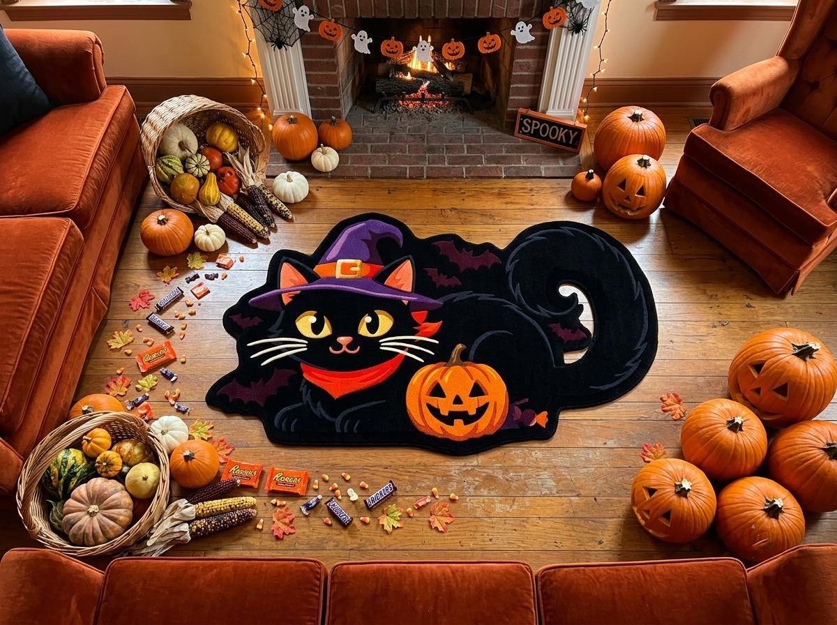 Hand Tufted Halloween Cat Rug, Black Cat Witch Rug, New Zealand Wool Area Rug, Spooky Pumpkin Decor, Gothic Fall Home Accent Gift Idea