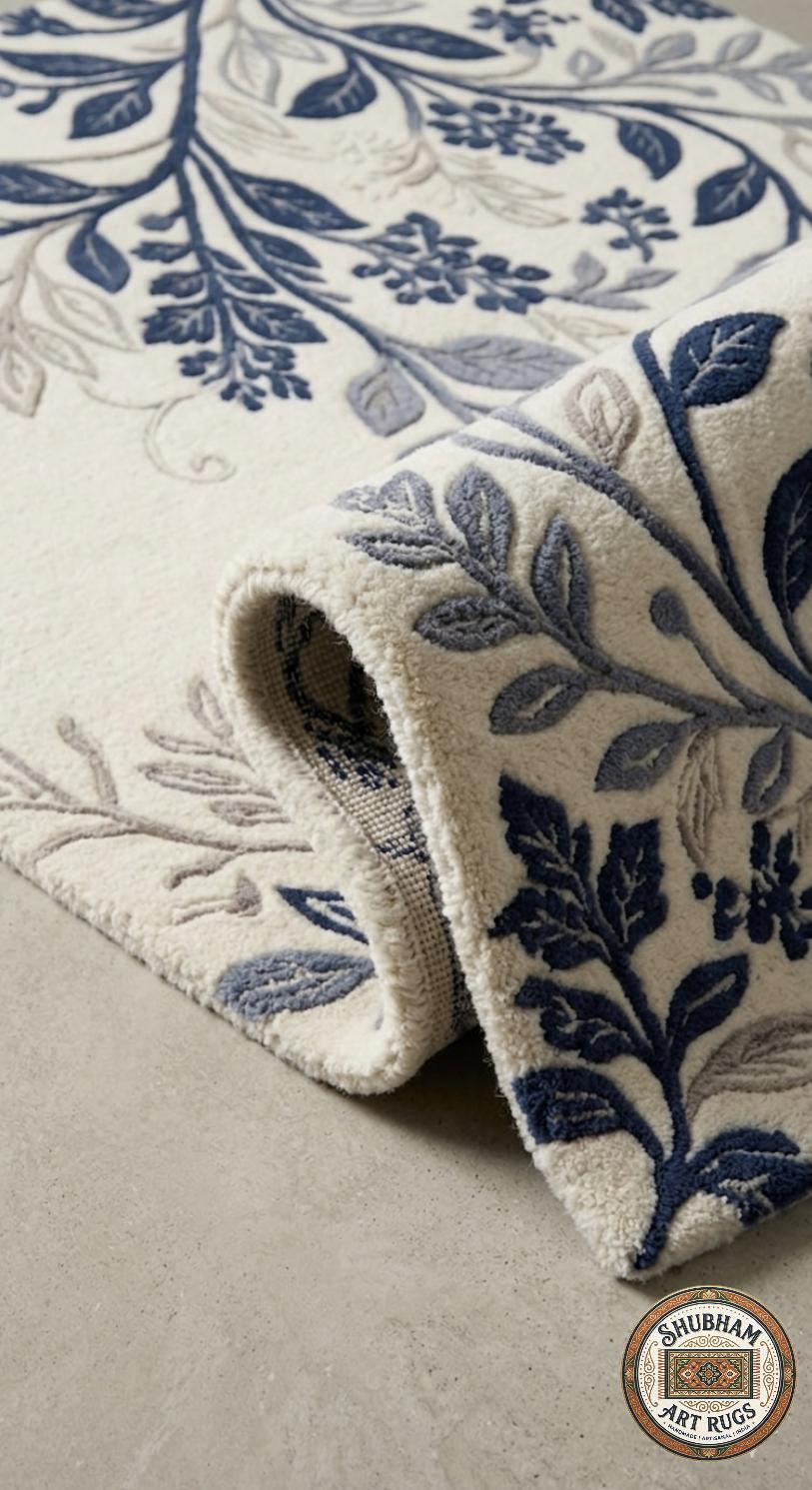 Hand Tufted Wool Botanical Rug, Blue Floral Area Carpet, Farmhouse Living Room Decor
