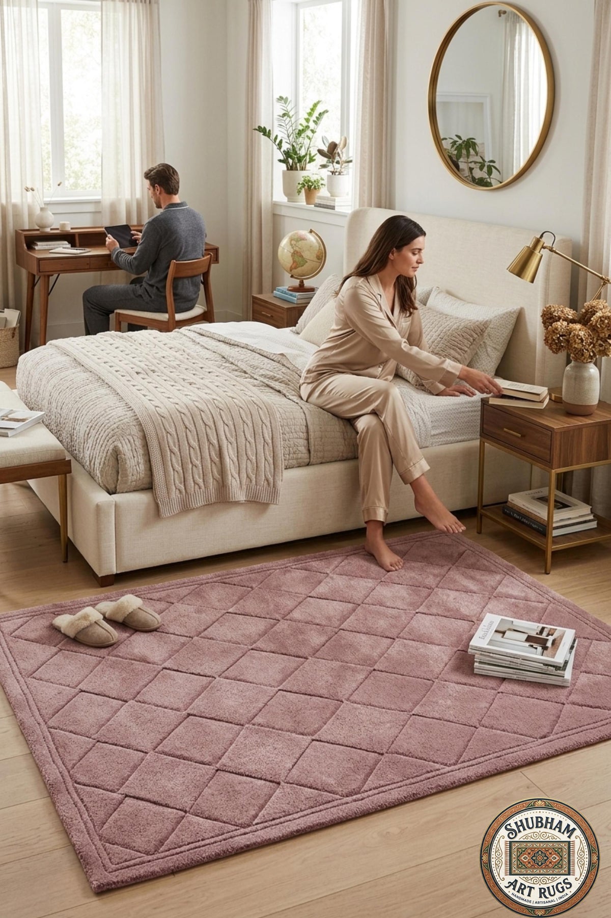 Hand Tufted Wool Rug: pink Geometric Diamond, Modern Minimalist Carpet, Soft Dense Pile