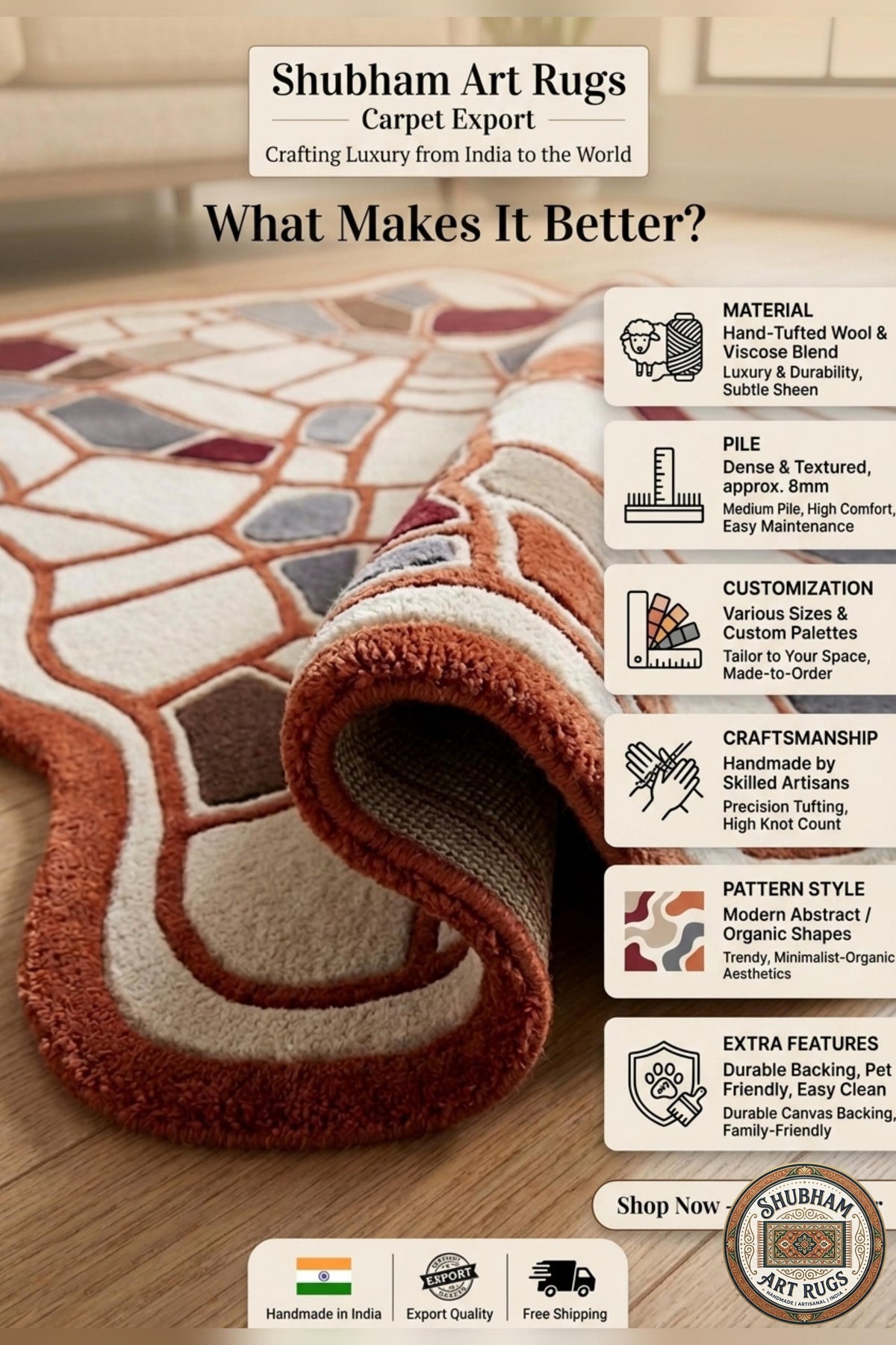 Hand Tufted Wool Rug, Organic Abstract Area Carpet, Modern Luxury Home Decor