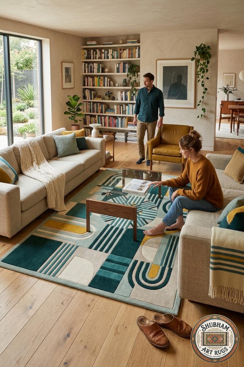 Hand Tufted Wool Rug, Modern Geometric Abstract Carpet, Green Cream Mustard, Custom Size