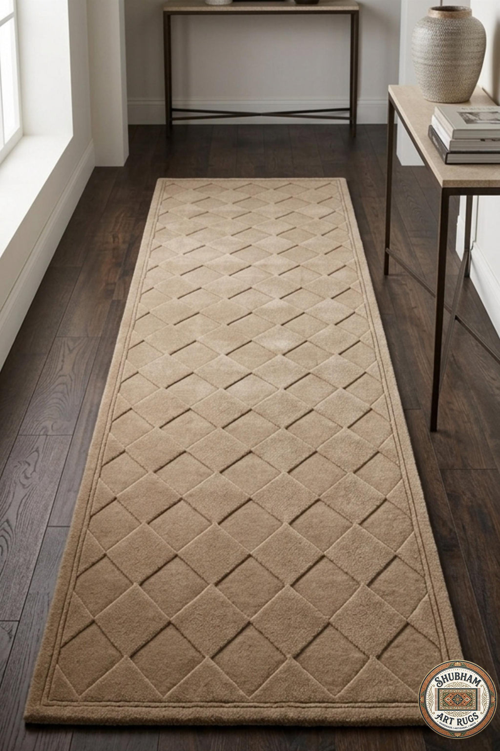 Hand Tufted Wool Rug, Beige Geometric Diamond, Modern Plush Carpet, Minimalist Home Decor